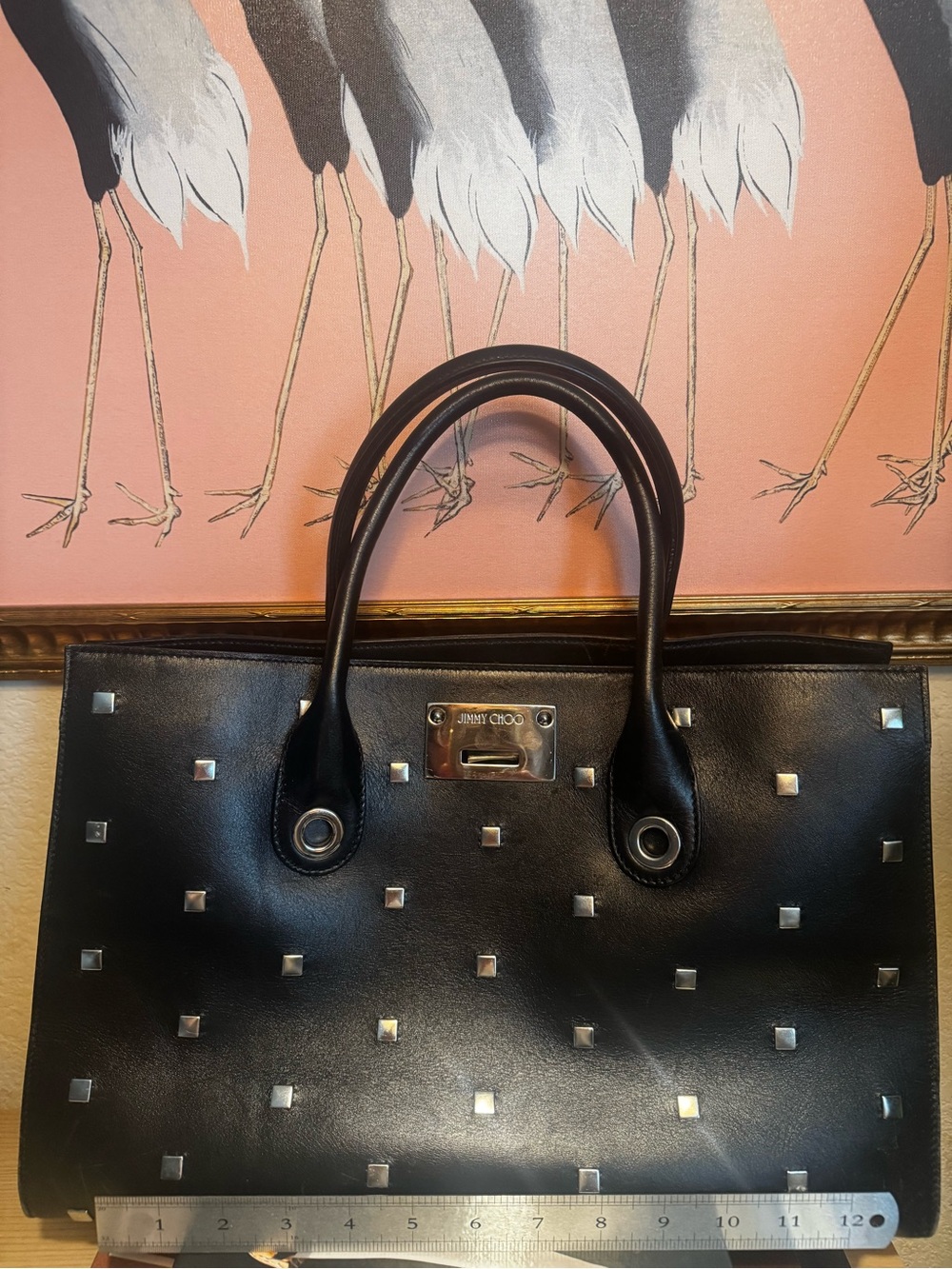 Jimmy Choo Black Studded Leather Tote Silver Hardware Structured Bag - Picture 6 of 9